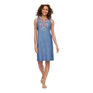 Talbots Linen Cotton Shift Dress Blue Embroidered Sleeveless Boho Summer, 16